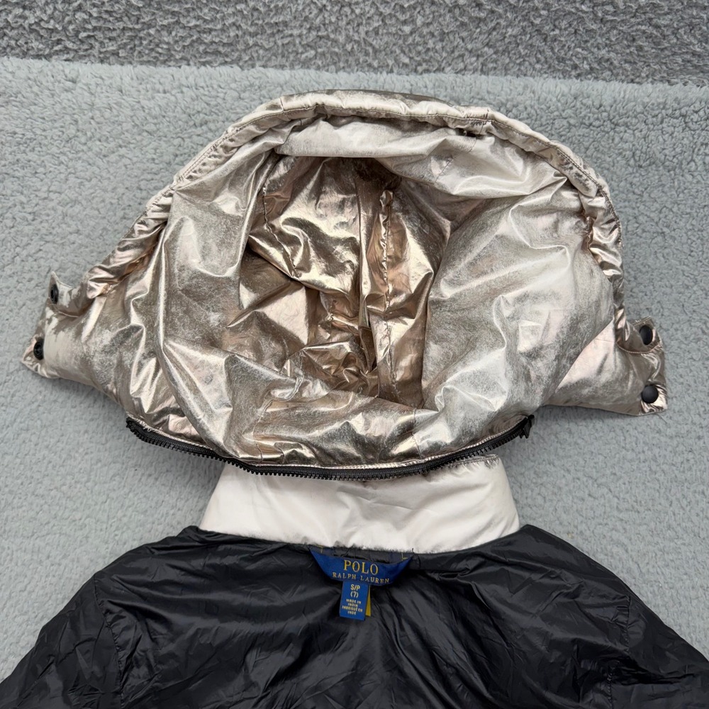 Polo Ralph Lauren Kids Size 7 Metallic Silver Hooded Puffer Jacket Winter Coat - Picture 14 of 16
